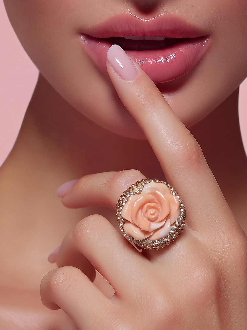 Delicate Peach Rose Resin Statement Ring - Women Jewelry